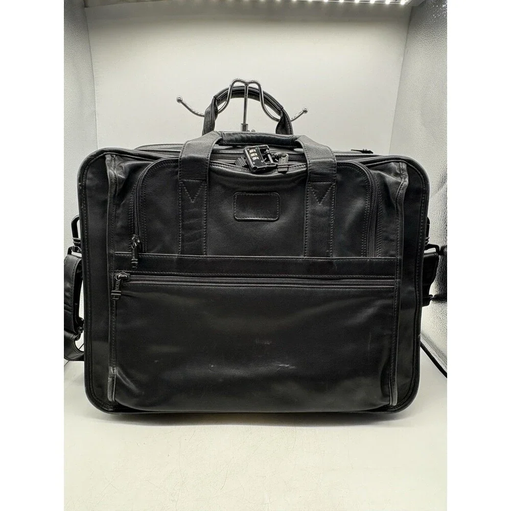 TUMI Alpha Black Leather Briefcase Laptop Messenger Bag 6”x13”x17.5”